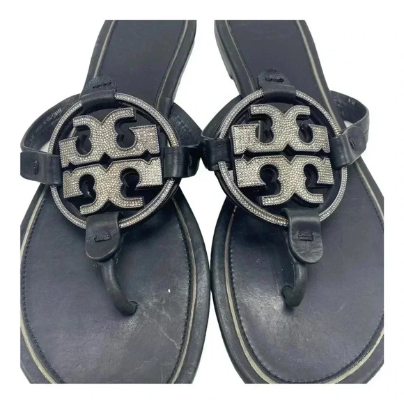 Tory Burch Miller rhinestone black leather thong Sandal size 9.5 - Picture 3 of 9
